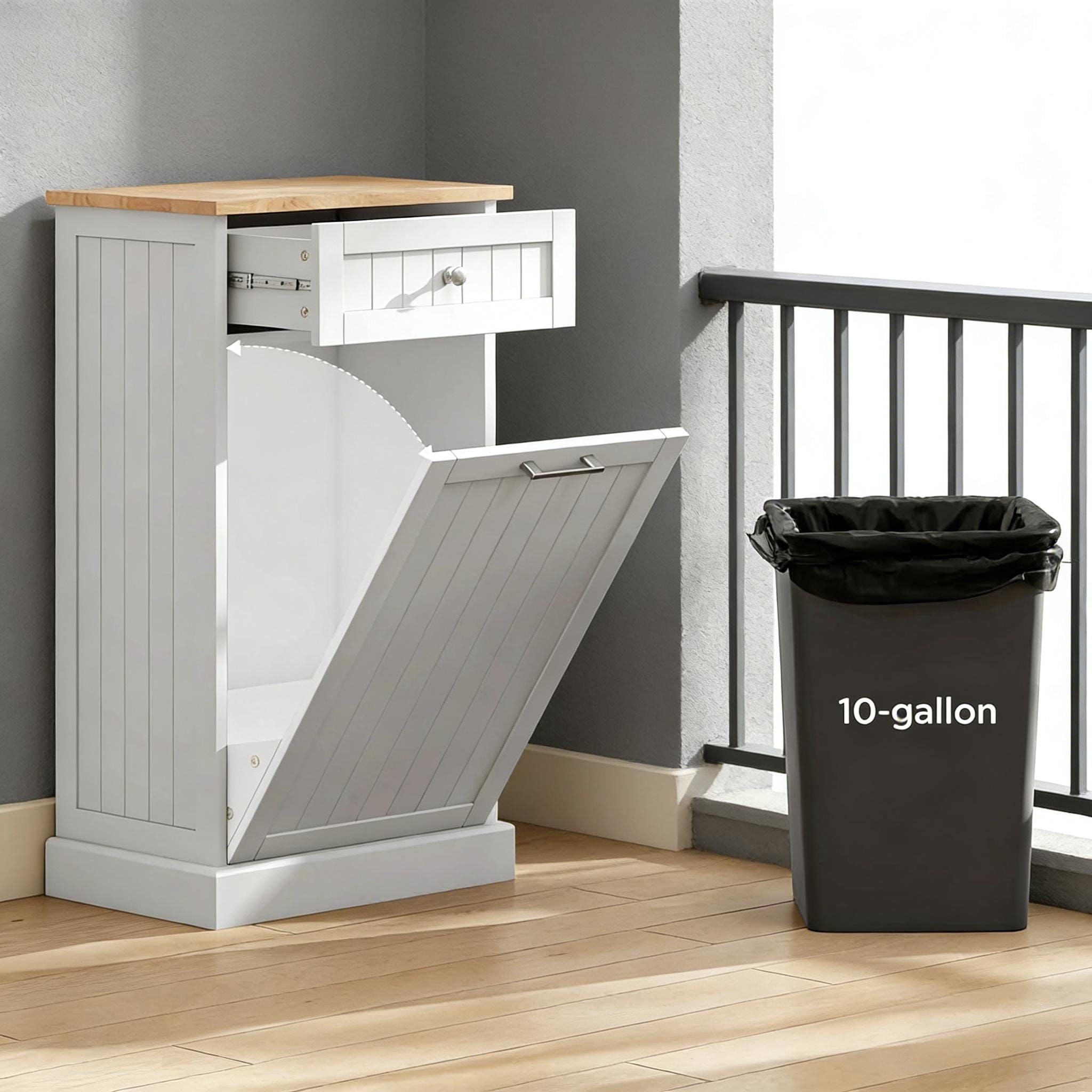 Hidden Trash Can Cabinet with Storage Drawer, Tilt-Out Door, Fits Up to 10 Gallon Bin, MDF and Particle Board, 20 in Wide, for Kitchen, Hallway, Laundry Room