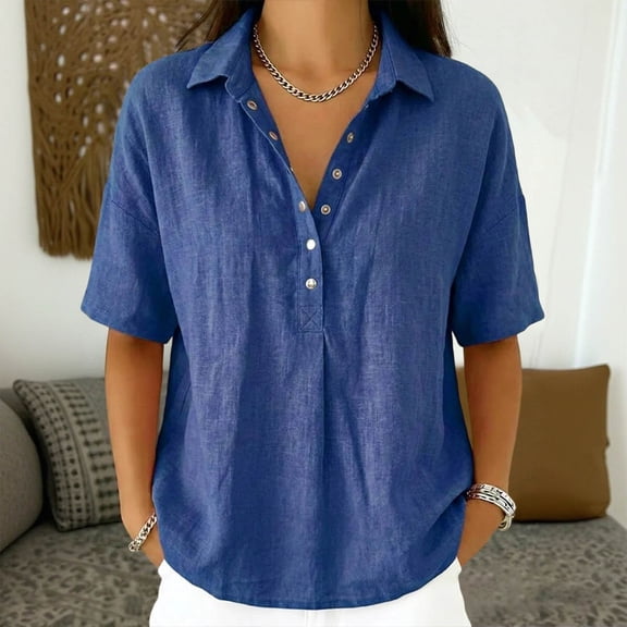Yteetum Summer Tops for Women Cotton Linen Button V Neck Short Sleeve Shirts Casual Solid Loose Lightweight Breathable Dressy Blouse Tunic Outfits