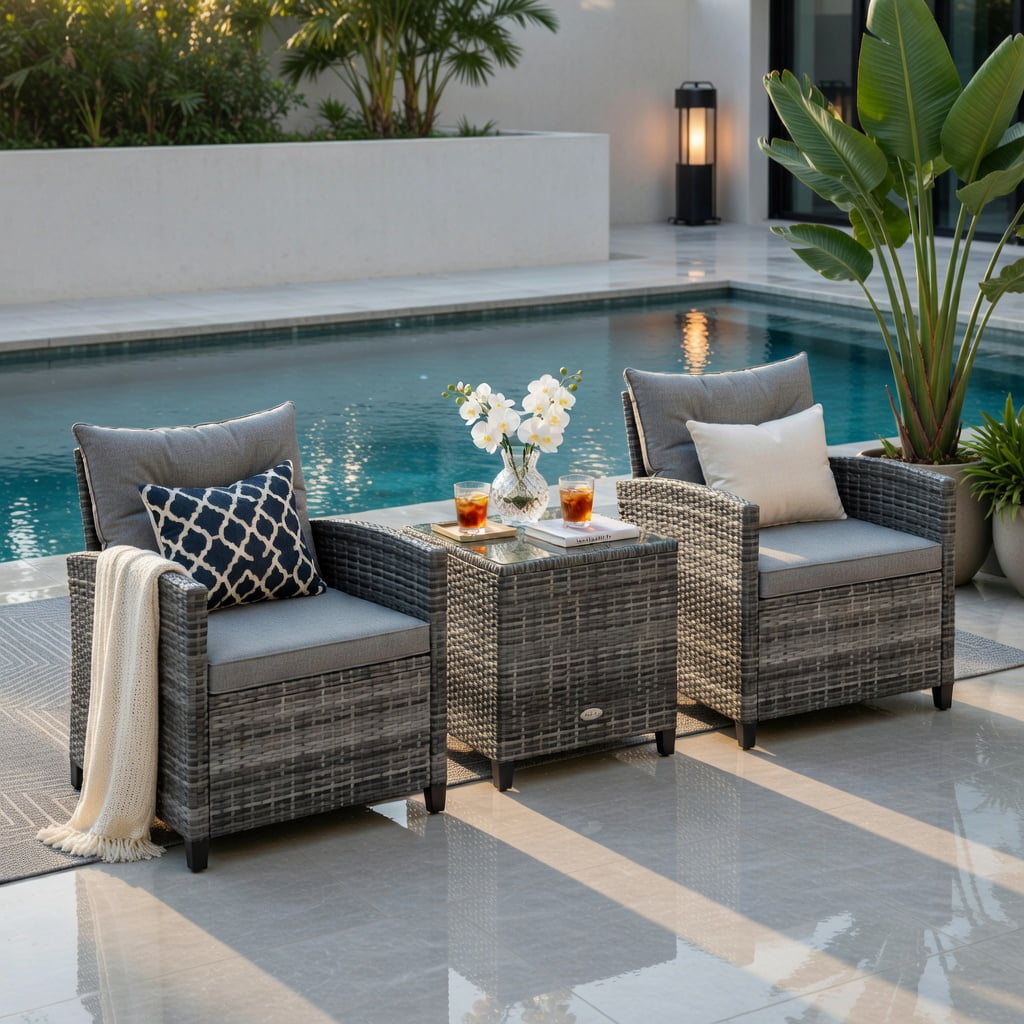 Hommoo 3-Piece Modern Outdoor Wicker Conversation Set, PE Rattan Sofa & Coffee Table with Tempered Glass Top, Weather-Resistant Cushions, Gray