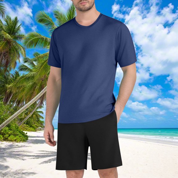 Avirosel Men's Workout Athletic Set Quick Dry Short Sleeve Round Neck Top and Mesh Drawstring Shorts Navy
