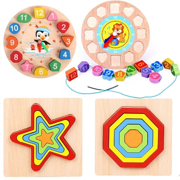 Montessori Cartoon Animal Educational Wooden Beaded Geometry Digital Clock Puzzles Gadgets Matching Clock Toy For ChildrenQuadrangle He Qiyong unisex