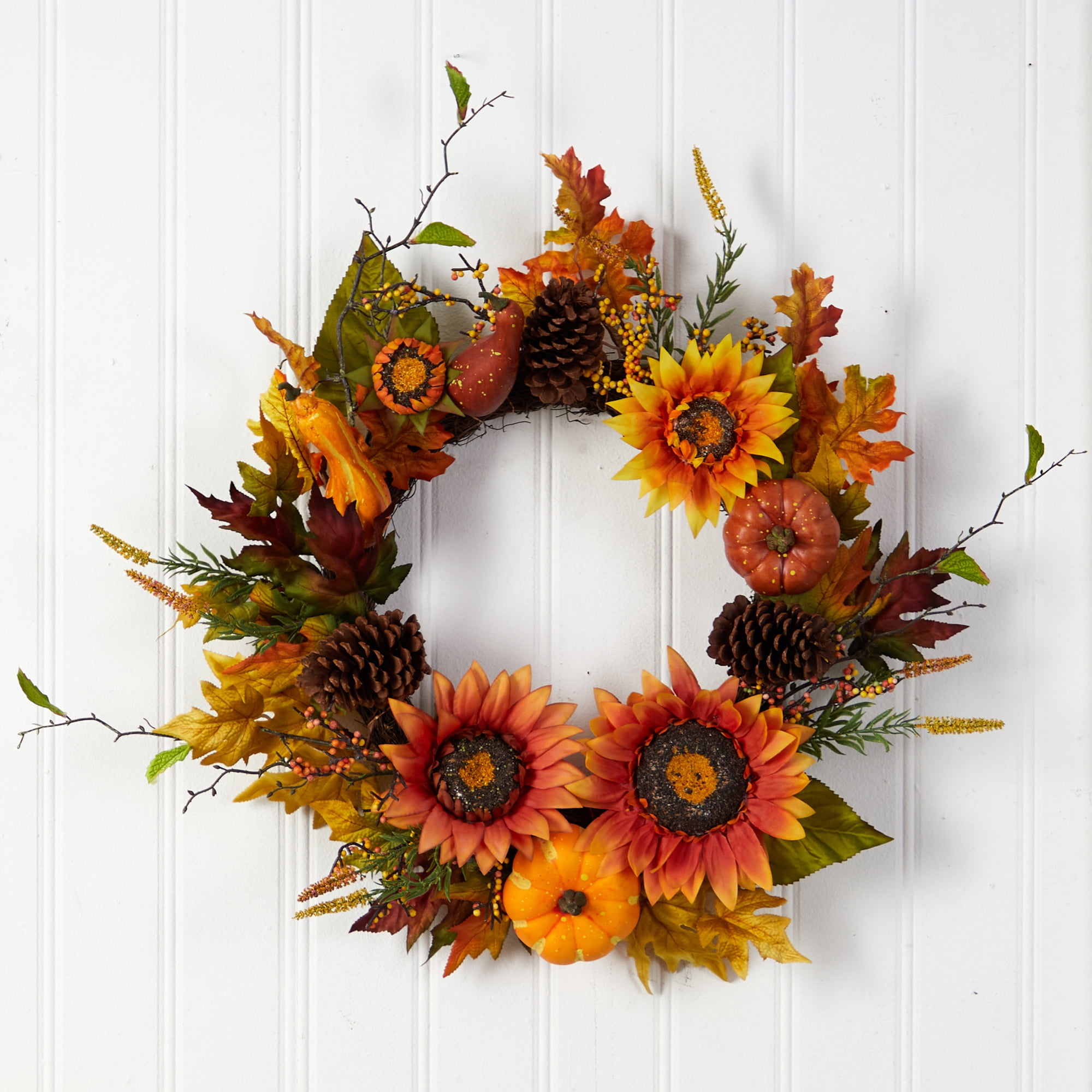 Nearly Natural 24" Fall Sunflower, Pumpkin, Gourds, Pinecone and Berries Autumn Artificial Wreath, Orange