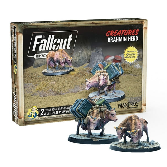 Modiphius Entertainment: Fallout: Wasteland Warfare - Creatures: Brahmin Herd  - 2 Figures, 32mm Unpainted Resin RPG Miniatures, Commonwealth Wave