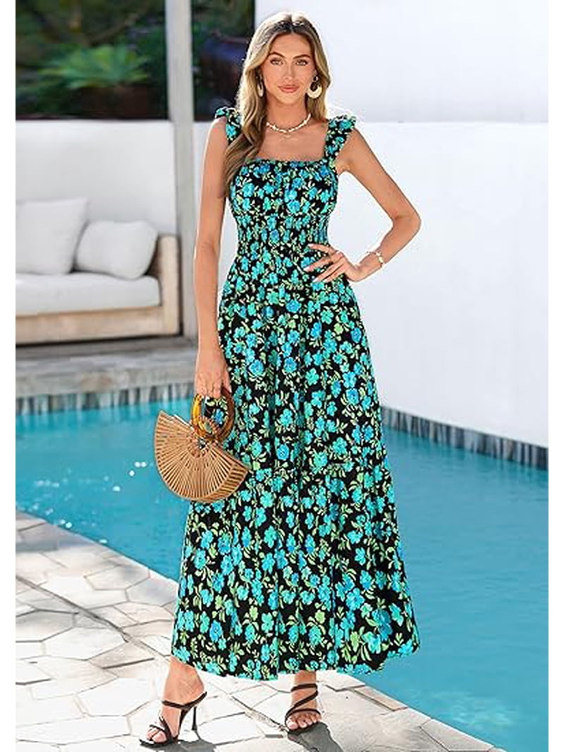 spring beach wedding guest dresses Prettygarden Floral Dress for Women Summer Boho Maxi Sundresses Smocked Long Flowy Spring Beach Wedding Guest Dresses, Women's, Size: Large, Green