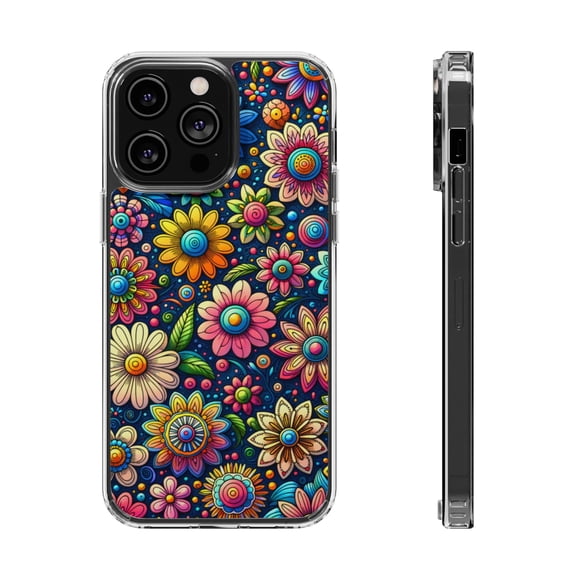 DistinctInk Hybrid (Acrylic / TPU) Clear Slim Fit Case for Apple iPhone 12 Pro MAX (6.7" Screen) - "Blooming Cartoon Delights: Lively Spring Flowers"
