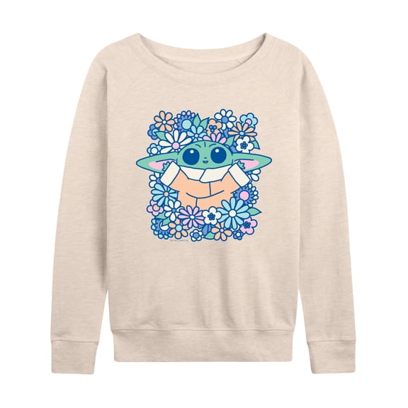 Star Wars - Grogu Flowers Women's Lightweight French Terry Wide Neck Long Sleeve Graphic Shirt