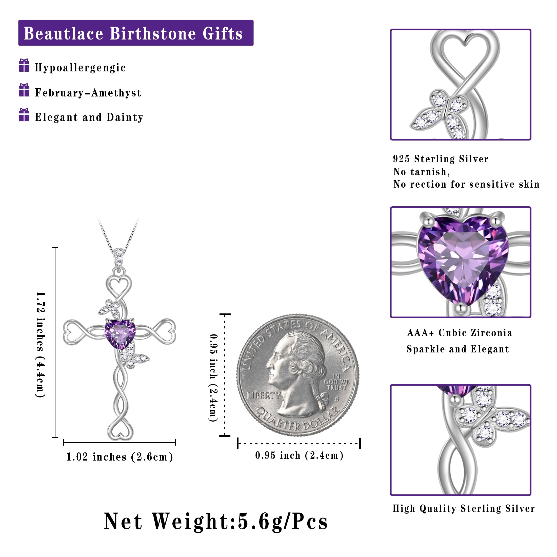 Beautlace 925 Sterling Silver Cross February Amethyst Heart Birthstone Necklace,Butterfly Pendant Necklace Jewelry Birthday Christmas Gifts for Women/ Wife /Lover