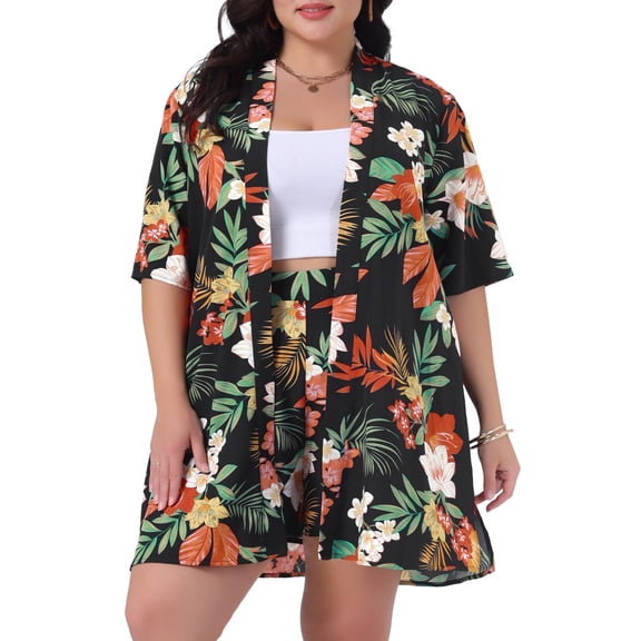DARING DIVA Women's Plus 2 Pcs Tropical Kimono Floral Tops and Shorts Set Black 1X