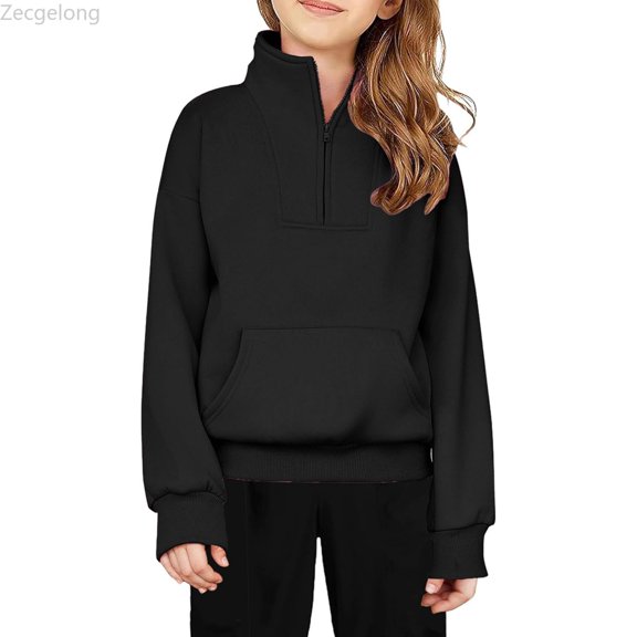 Zecgelong Girls Half Zip Sweatshirt Quarter Zip Pullover Sweatshirts With Pocket Hoodie Sweater Fall Clothes For Girls Black,Size 7-8 Years