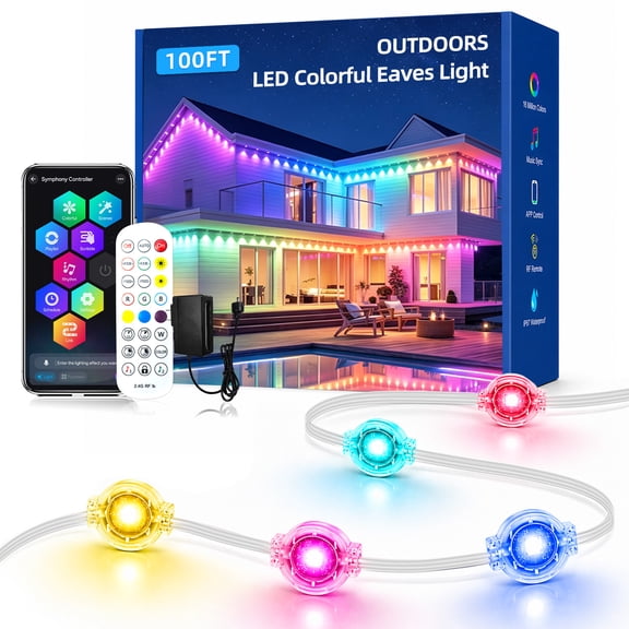 Permanent Outdoor Lights for House 100ft RGB IC Smart Eave Lights,IP67 Waterproof LED Outdoor Lights with App and Remote Control for Christmas, Halloween, Daily, Party