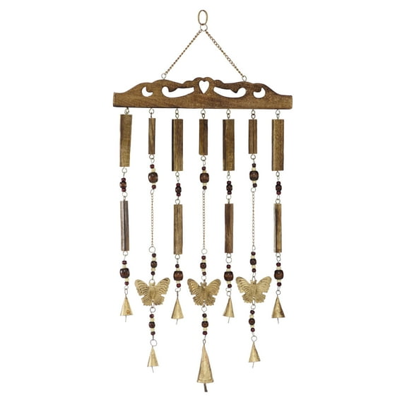 DecMode 26" Brown Wood Butterfly Windchime with Beads and Cone Bells