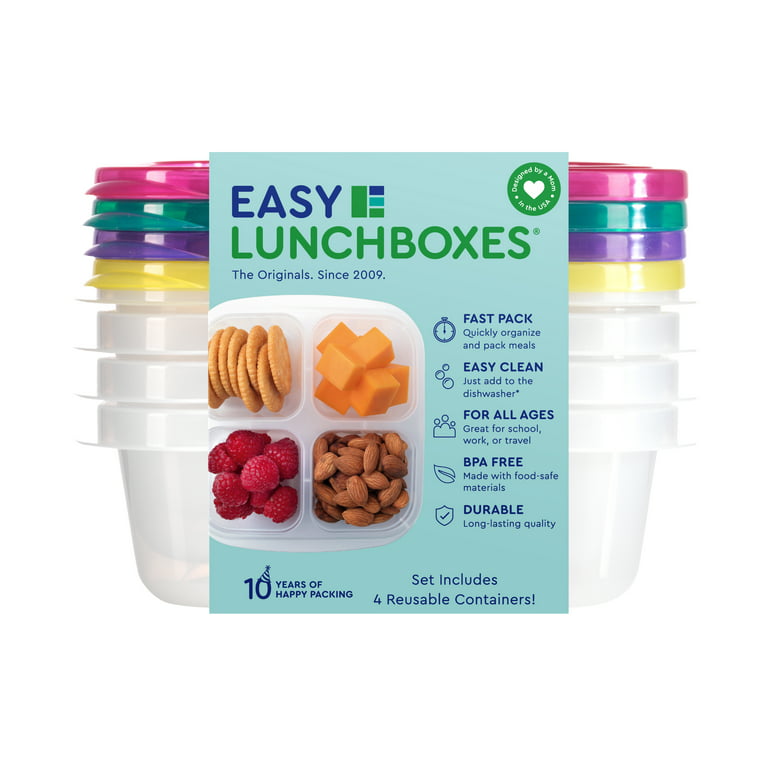 easylunchboxes 4-Compartment Snack Box Food Containers, Set of 4, Brights