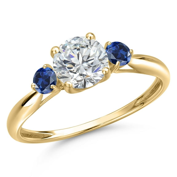 Gem Stone King 10K Yellow Gold Lab Grown Diamond and Blue Created Sapphire 3-Stone Ring for Women | 1.02 Cttw | Round 6MM | Gemstone April Birthstone | Size 9