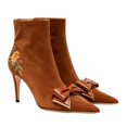 thumbnail image 3 of XYD Women Layered Bows Thin Heels Ankle Boots with Zip Pointed Toe Elegant Floral Embroidery Dinners Events Shoes Size 7 Orange Brown, 3 of 4