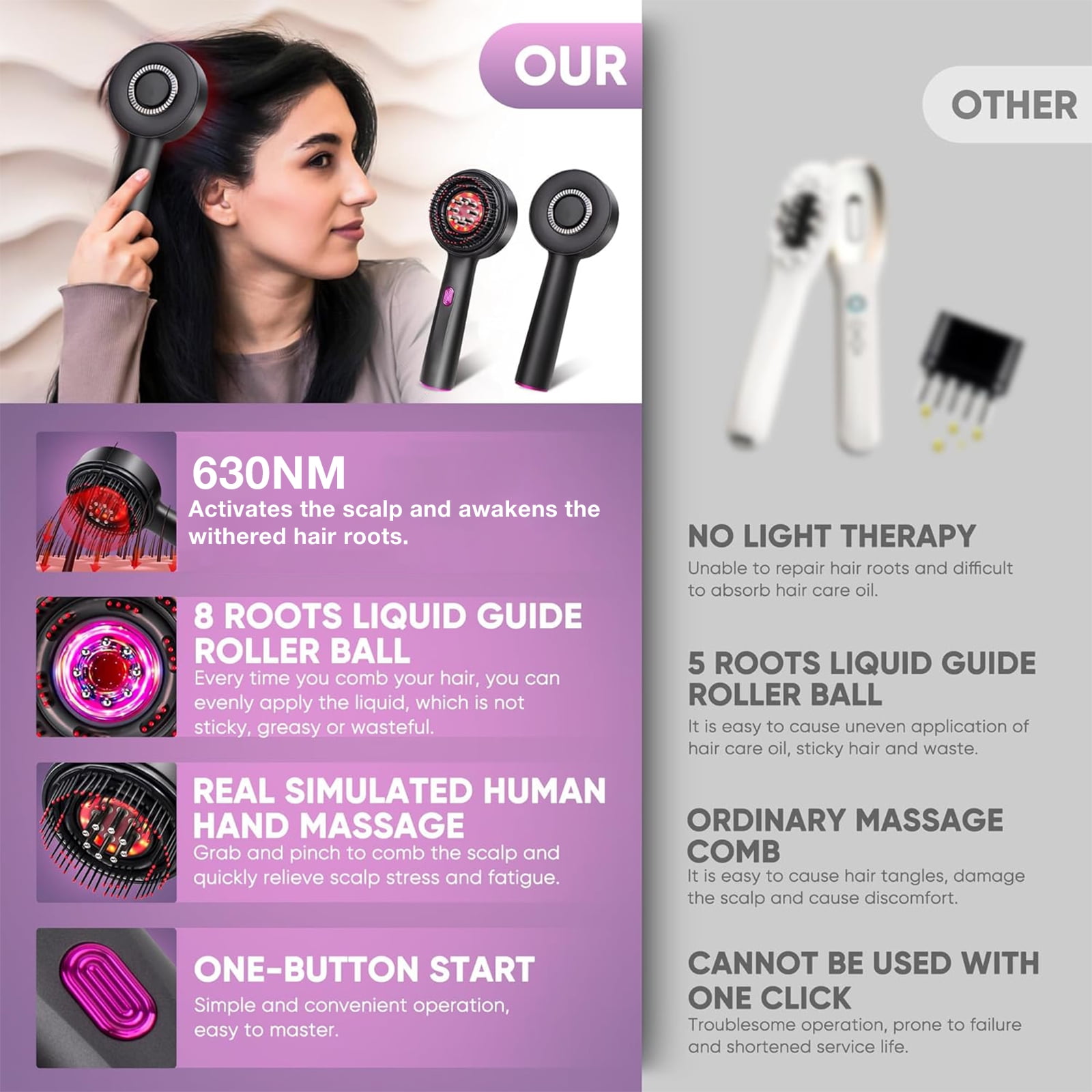 3-in-1 Scalp Massager Comb with 630nm Red Light Therapy, 72 Massage Teeth & 8 Roller Oil Balls, 6ml Serum Tank, USB-C Rechargeable, Waterproof Hair Growth Brush