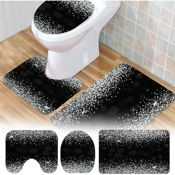 Silver Black Glitter Sparkle Bathroom Rugs Set 3Pcs Flannel Bath Mat Set Super Absorbent Toilet Lid Cover and Soft Plush, Non-Slip Bath Rug Floor for Tub, Shower, Bathroom (Black)