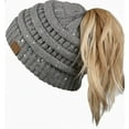 thumbnail image 2 of Funky Junque Ponytail Beanie for Women - Winter Ponyback Hat Soft Stretch Cable Knit High Pony Tail Womens Running Hats - A Sequin Heather Grey, 2 of 2