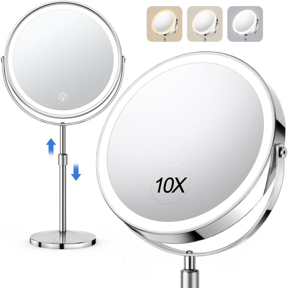 UBYMET Lighted Makeup Mirror, Rechargeable Height Adjustable Double Sided, 1x/10x Magnifying with 3 Color, Brightness Adjustable, 360° Rotation Va