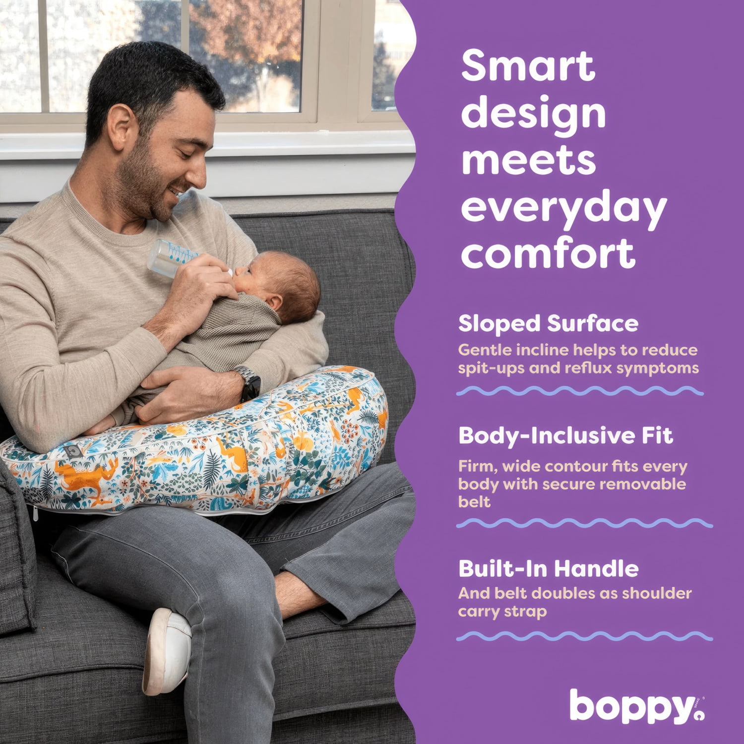 Boppy Uplift Nursing Pillow - Wedge Bottle & Breastfeeding Pillow to Reduce Spit-Up and Reflux Symptoms, with Body-Inclusive Opening And Adjustable Belt - Colorful Forest Animals