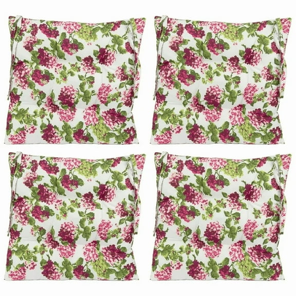 Shabby Chic Pink Hydrangea Floral Chair Cushions in White/Pink/Green, 4 Pack