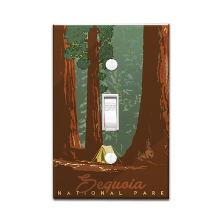 Sequoia National Park, California - Redwood Forest View - Sequoias & Tent - Lantern Press Artwork (Light Switchplate