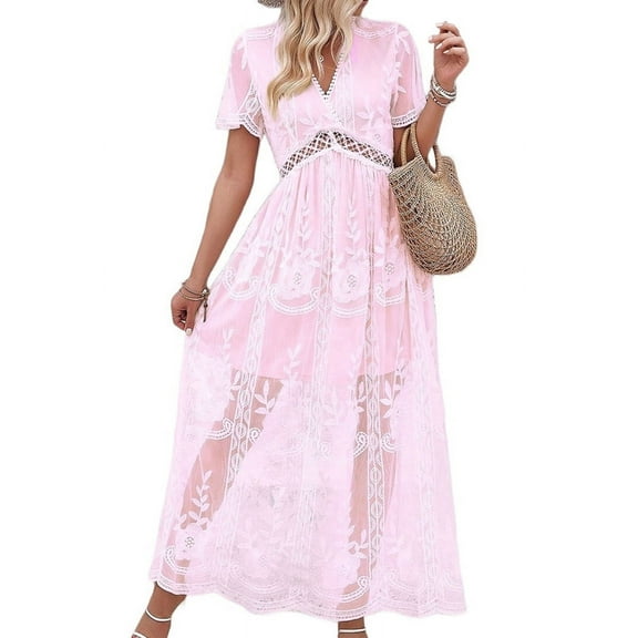 Women'S V Neck Short Sleeve Floral Lace Wedding Dress Bridesmaid Cocktail Party Maxi Dress Pink L