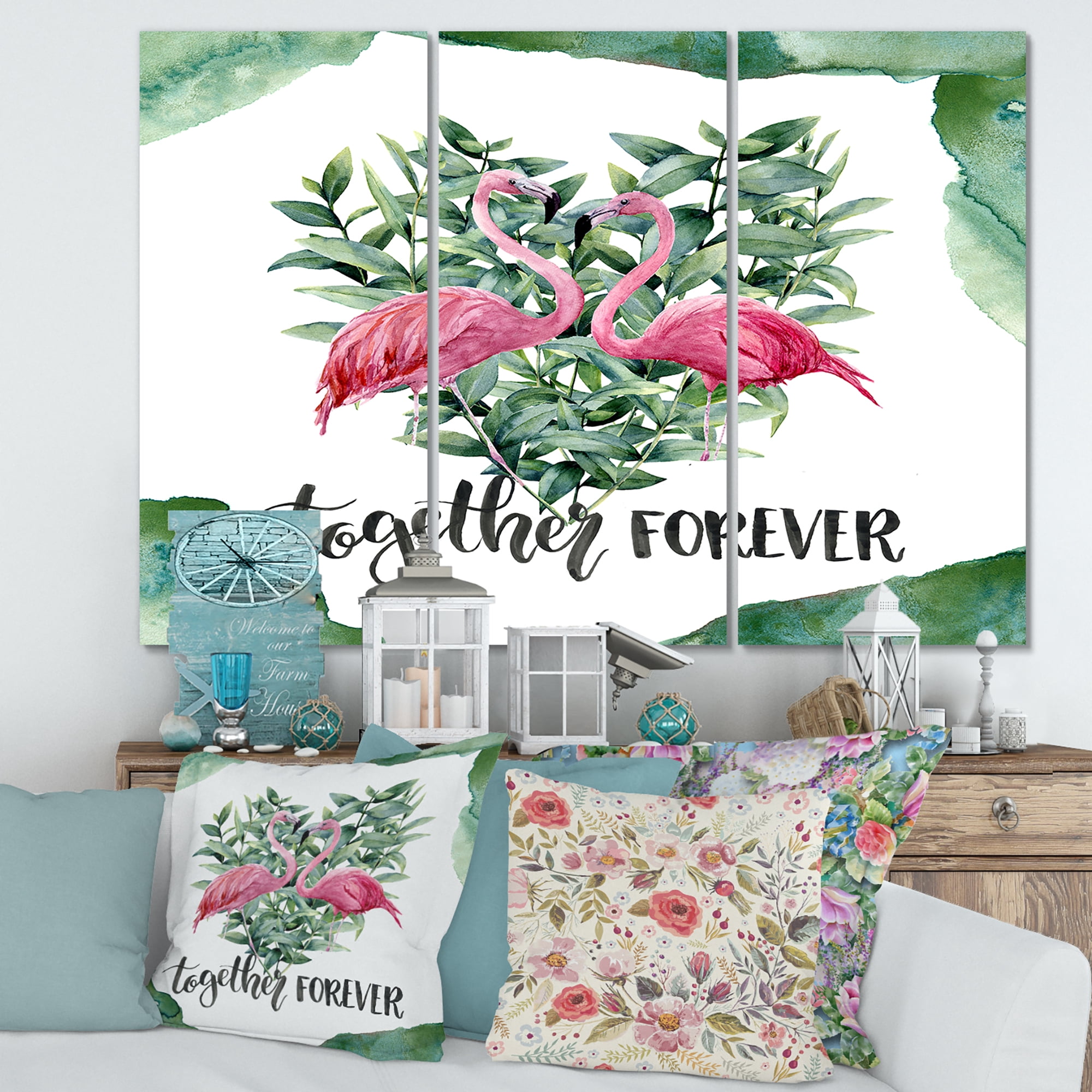 Designart ' Eucalyptus Leaves With Flamingo Floral Heart ' Traditional Canvas Wall Art Print