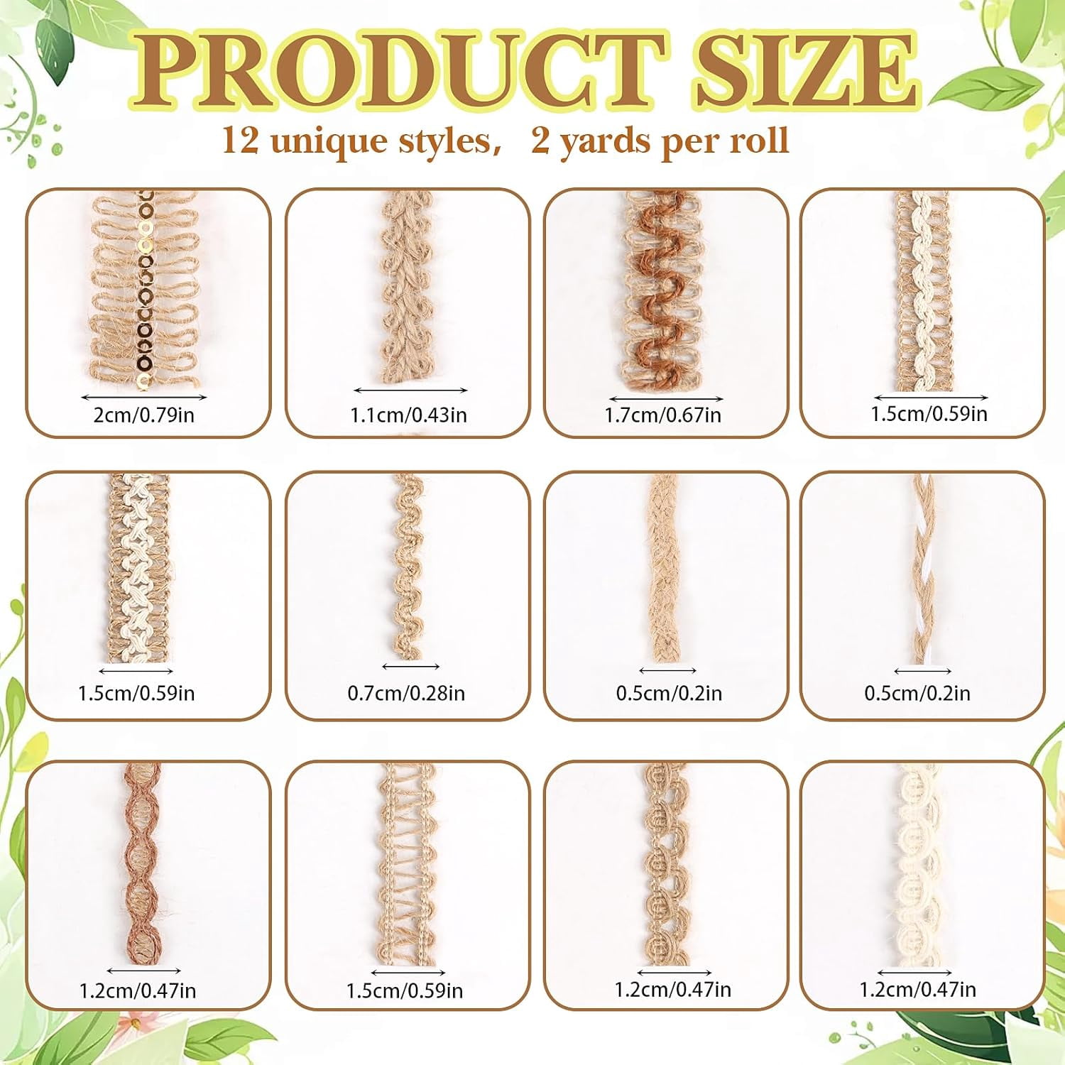 12 Rolls Jute Craft Ribbons Natural Burlap Lace Ribbon Trim 24 Yards Rustic Boho Vintage Craft Assorted for Gift Wrapping Wedding Decorations DIY Projects