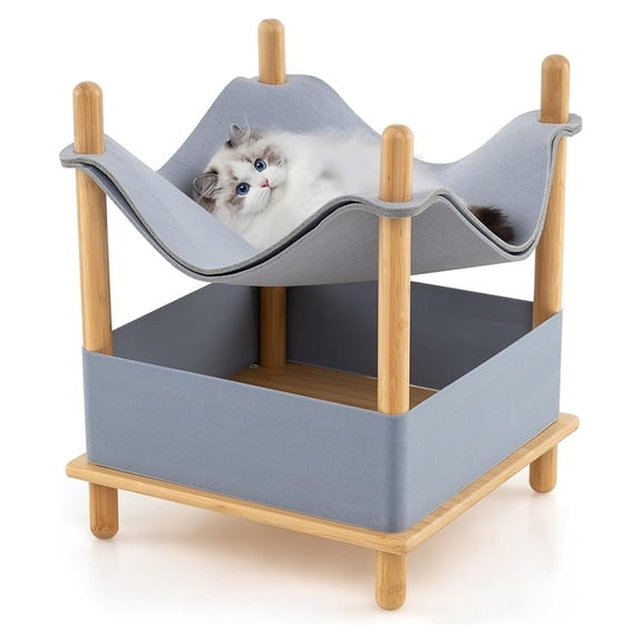 Elevated Cat Bed for Indoor Cats, 2-Tier Cat Cave with Felt Hammock, Bamboo Frame, Storage Shelf - Small Condo for Kittens & Adult Cats