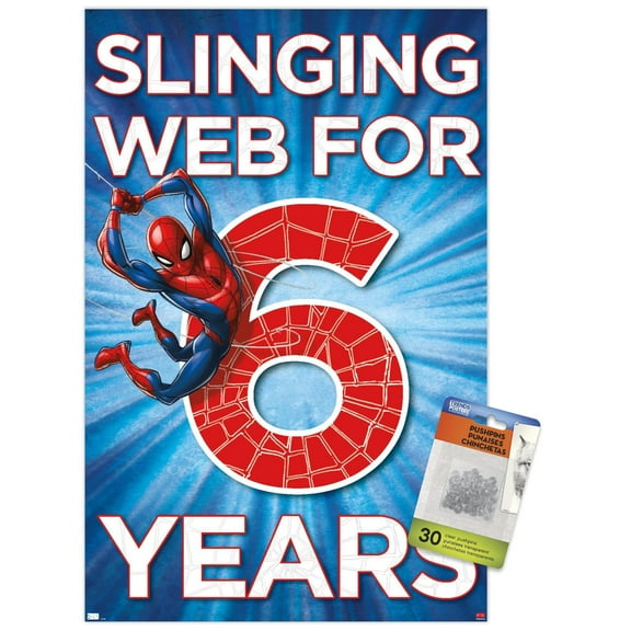 Marvel Spider-Man - Happy 6th Birthday Wall Poster with Pushpins, 14.725" x 22.375"