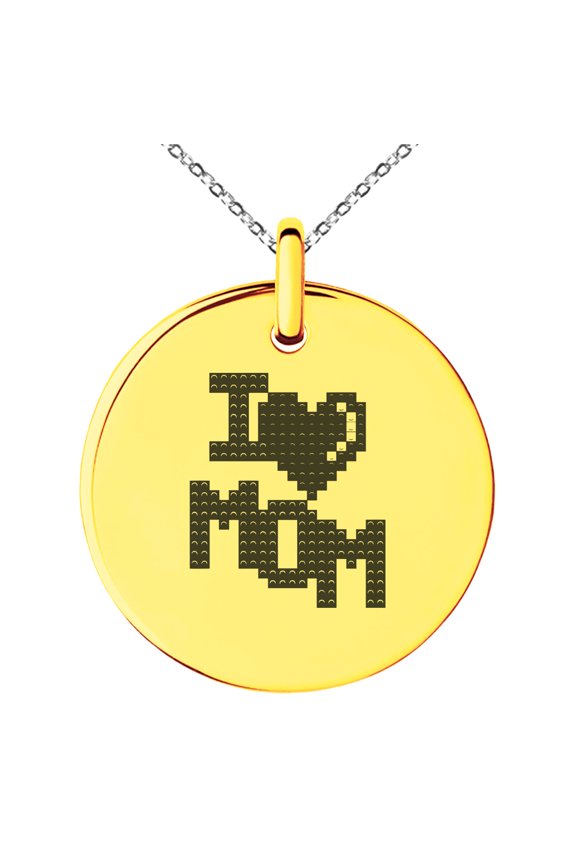 Rose Gold Stainless Steel Pixel I Heart Mom Small Medallion Circle Charm Pendant Necklace