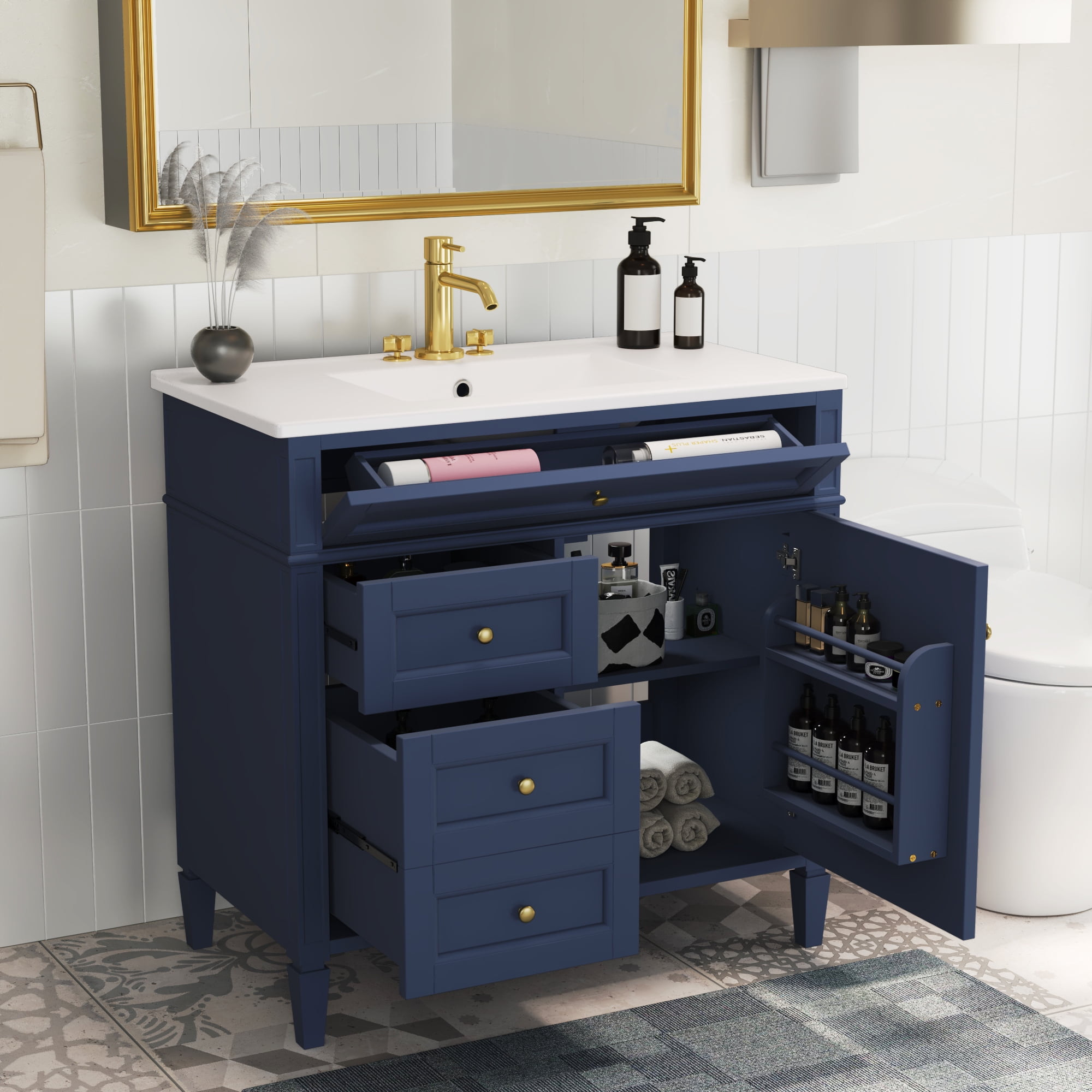 Euroco Freestanding Bathroom Vanity with Drawers and Cabinet Door Organizer, Modern Sink Cabinet, Easy Assembly