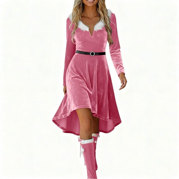 Pxkloy Vintage Velvet Dress for Women Western Fuzzy High Low Dress V Neck Long Sleeve Casual Dresses 2025 Fall Winter Outfits Pink,L
