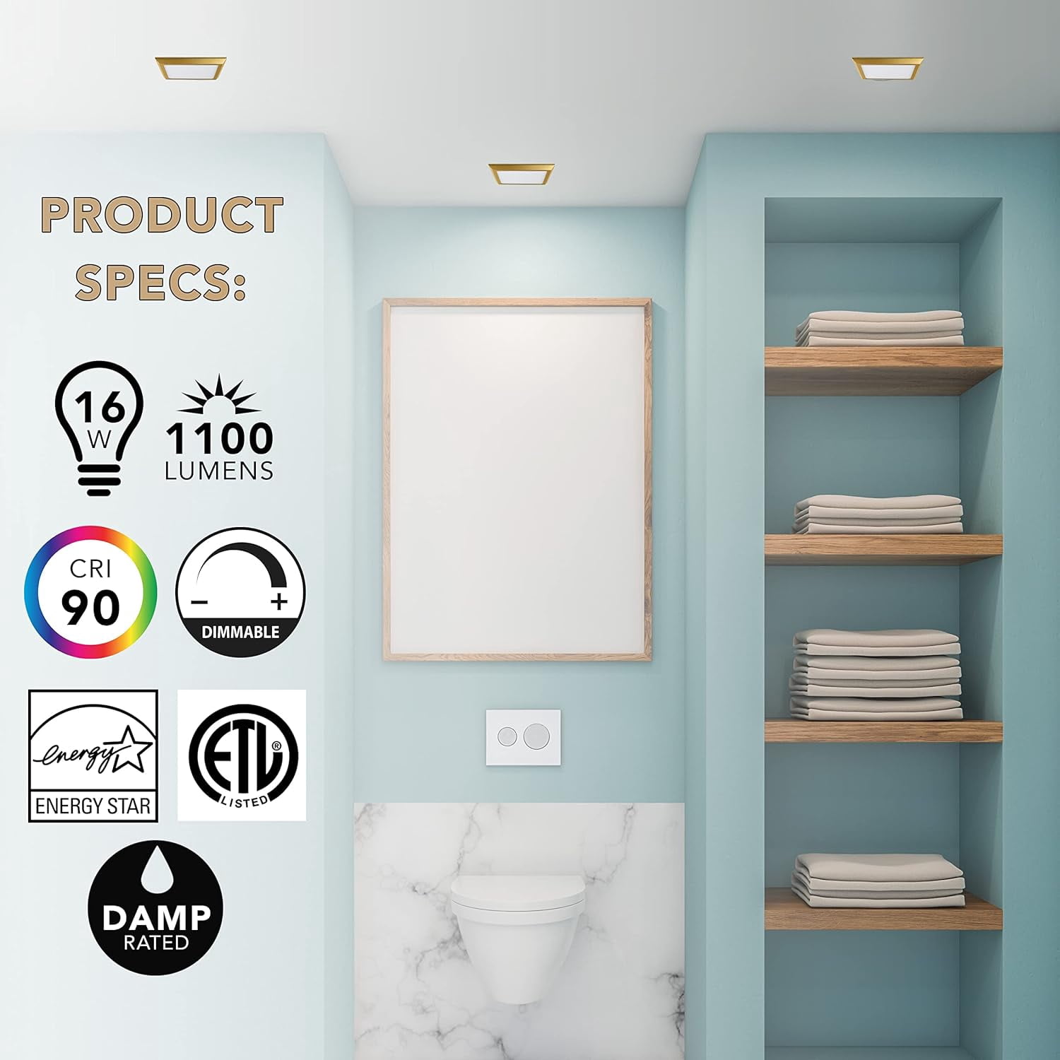 Next Glow Ultra Slim 7" LED Ceiling Light Fixture, 4000K Square, Dimmable Flush Mount Light, Brass