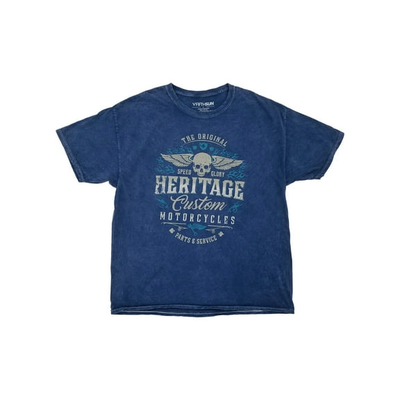 Mens Navy Blue Wash Heritage Custom Motorcycles Short Sleeve T-Shirt Large