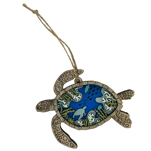 Wood Multi Layer Sea Turtle Hanging Ornament Blue 4 x 3.125 Inches
