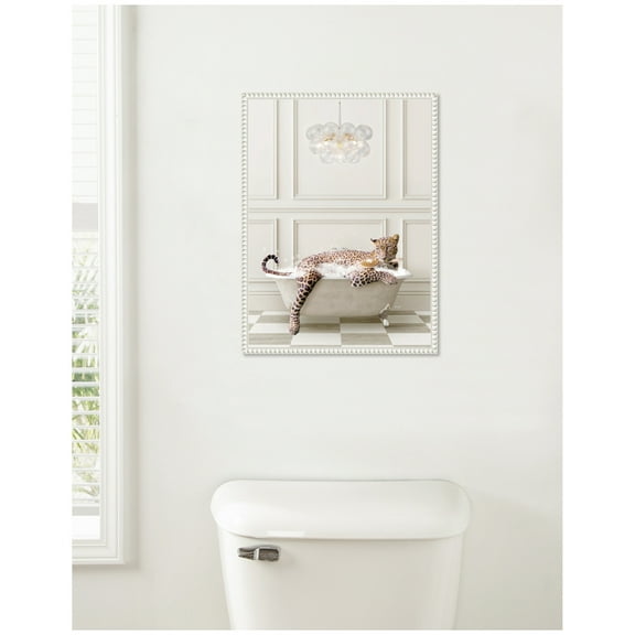 Kate and Laurel Cheetah Traditional Chandelier Bath Framed Canvas Wall Art by Amy Peterson 18 x 24 Sylvie Beaded White, Whimsical, Animals, Bathroom Art for Wall Decor, Living Room, Bedroom