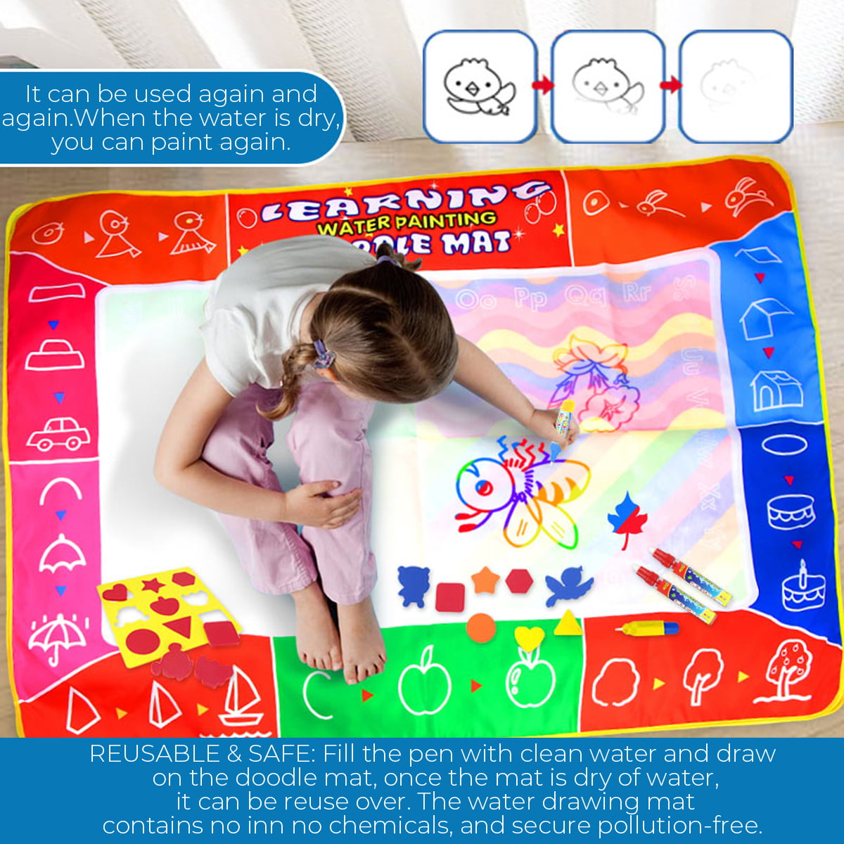 Aqua Magic Doodle Drawing Mat Water Drawing Coloring Mat 47 X 35 Reusable Water Coloring Writing Painting Board With 12 Accessories Educational Toys Gifts For Kids Toddlers 3 4 5 6