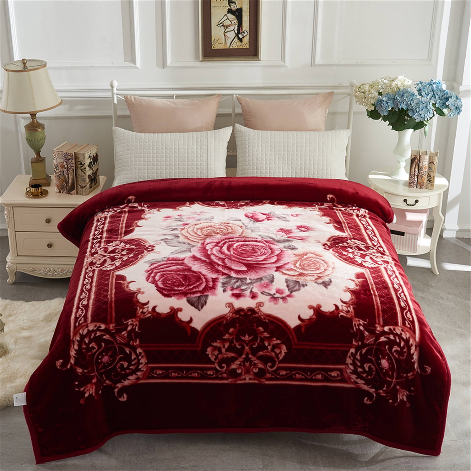 2 Ply Burgundy Winter Blanket Floral Reversible Bedding Sheet Queen 77"x87" 