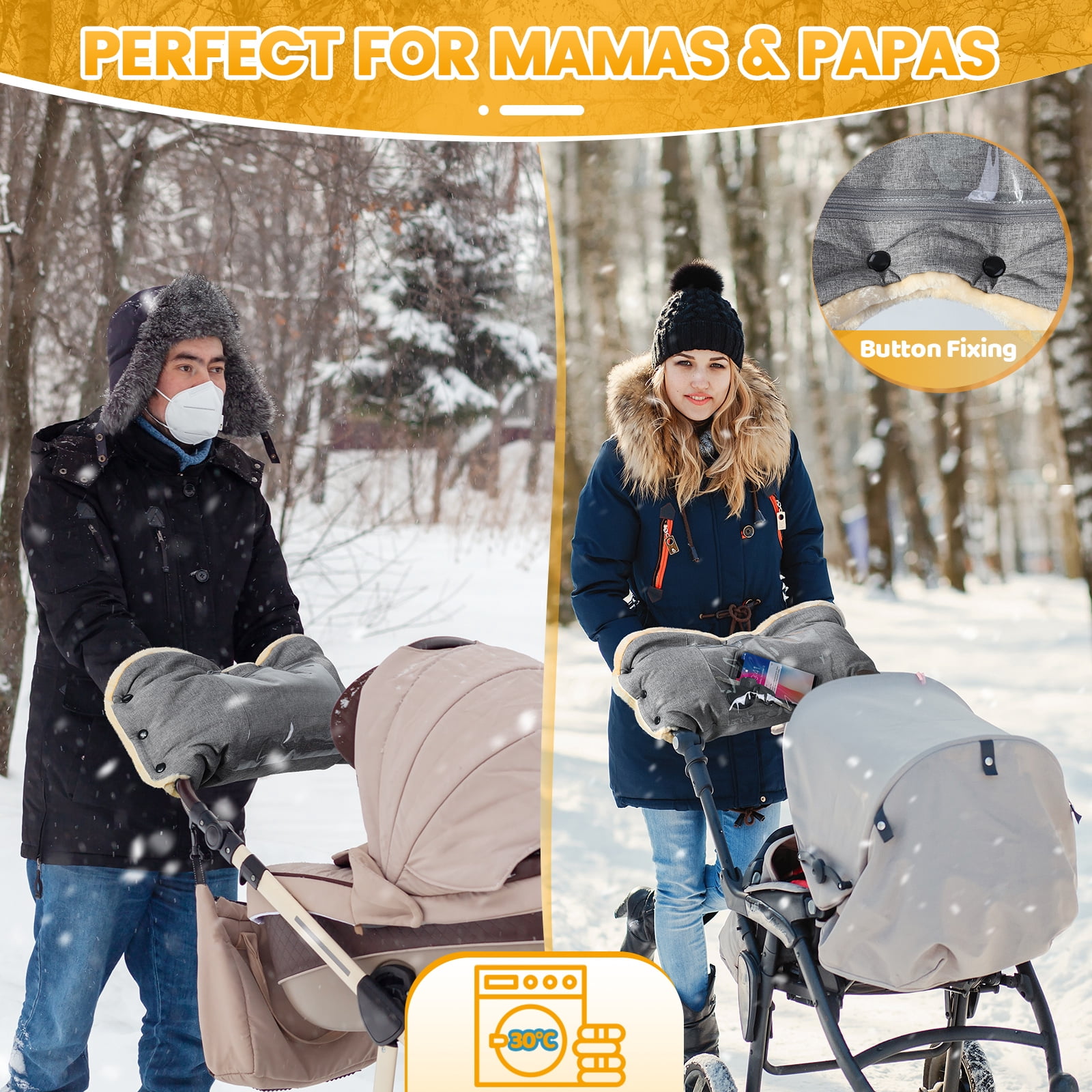 Orzbow Faux Sheepskin Stroller Gloves with Phone Pockets, Winter Extra Thick Mittens for Baby Stroller, Cozy & Warm, Anti-freeze Hand Muff Easily Attaches to Stroller for Parents Caregivers, Grey