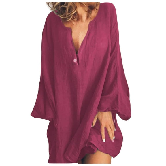 Winter Long Sleeve Tops for Women Cotton Linen Shirts for Women Casual Button up V Neck Plus Size Pullover Blouses Casual Solid Long Sleeve Tops Fall Long Sleeve Tops