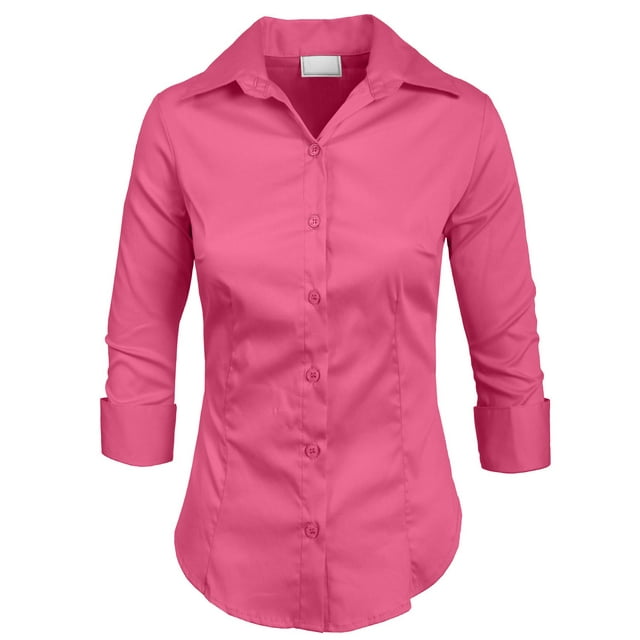 J. METHOD Chemise Boutonnée pour Femme Manches 3/4 Col Roulé Extensible Bureau Travail Formel Décontracté Blouse Basique Haut NEWT01 Rose Vif 5X