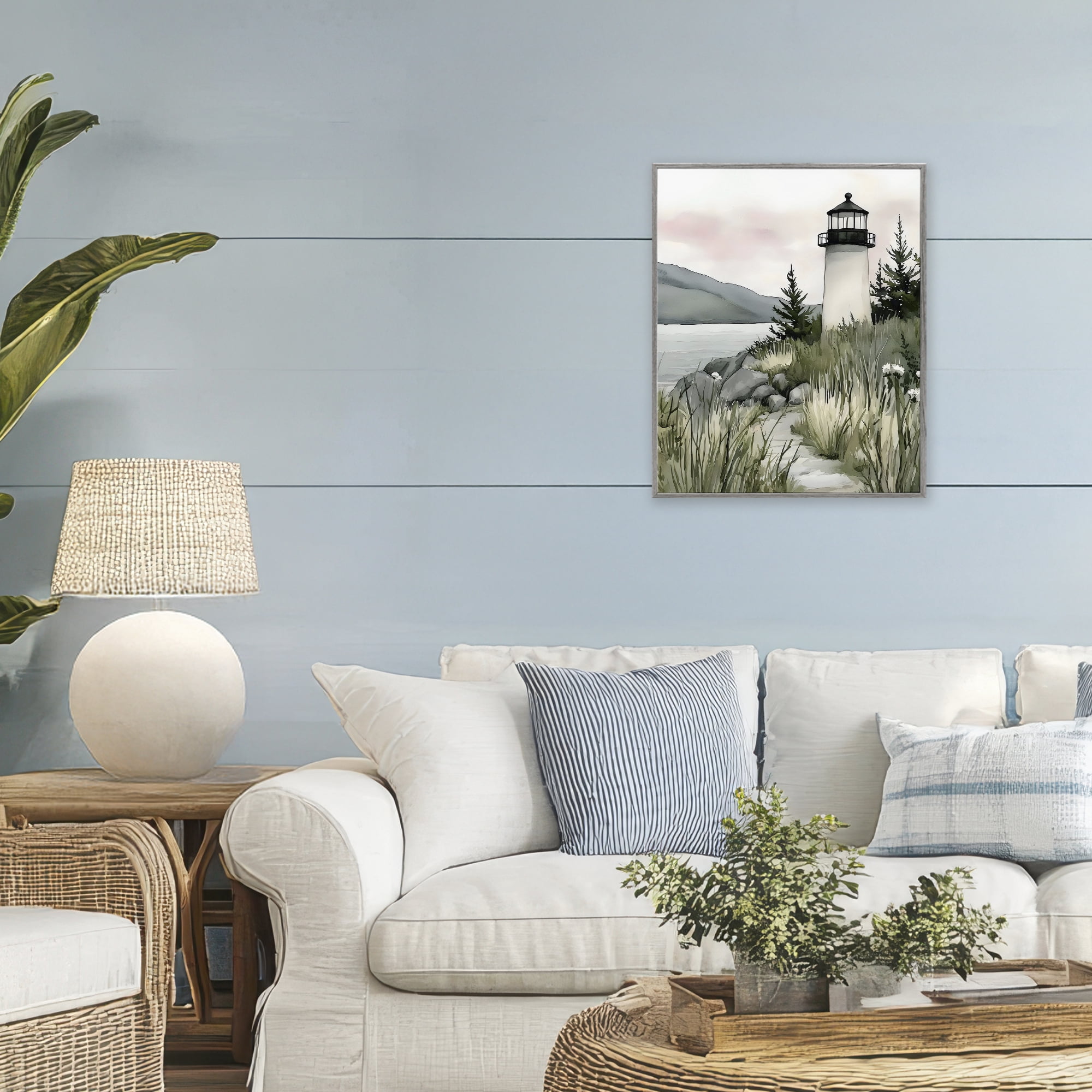 Stupell Industries Coastal Calm Lighthouse Gray Framed Giclee Art, design by Riley B