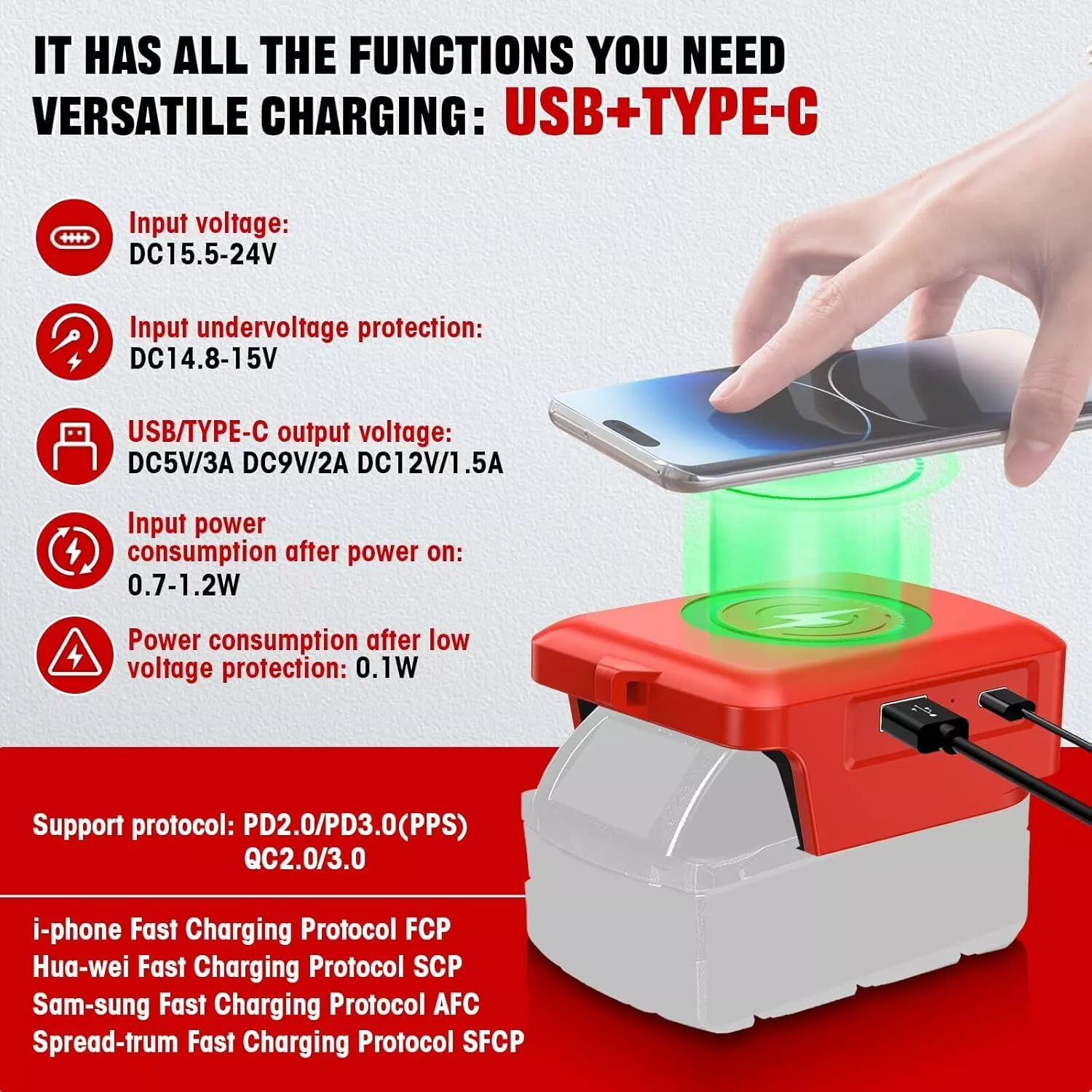 Wireless Charger Adapter for Milwaukee 18V Battery 15W for Phone with Type C USB