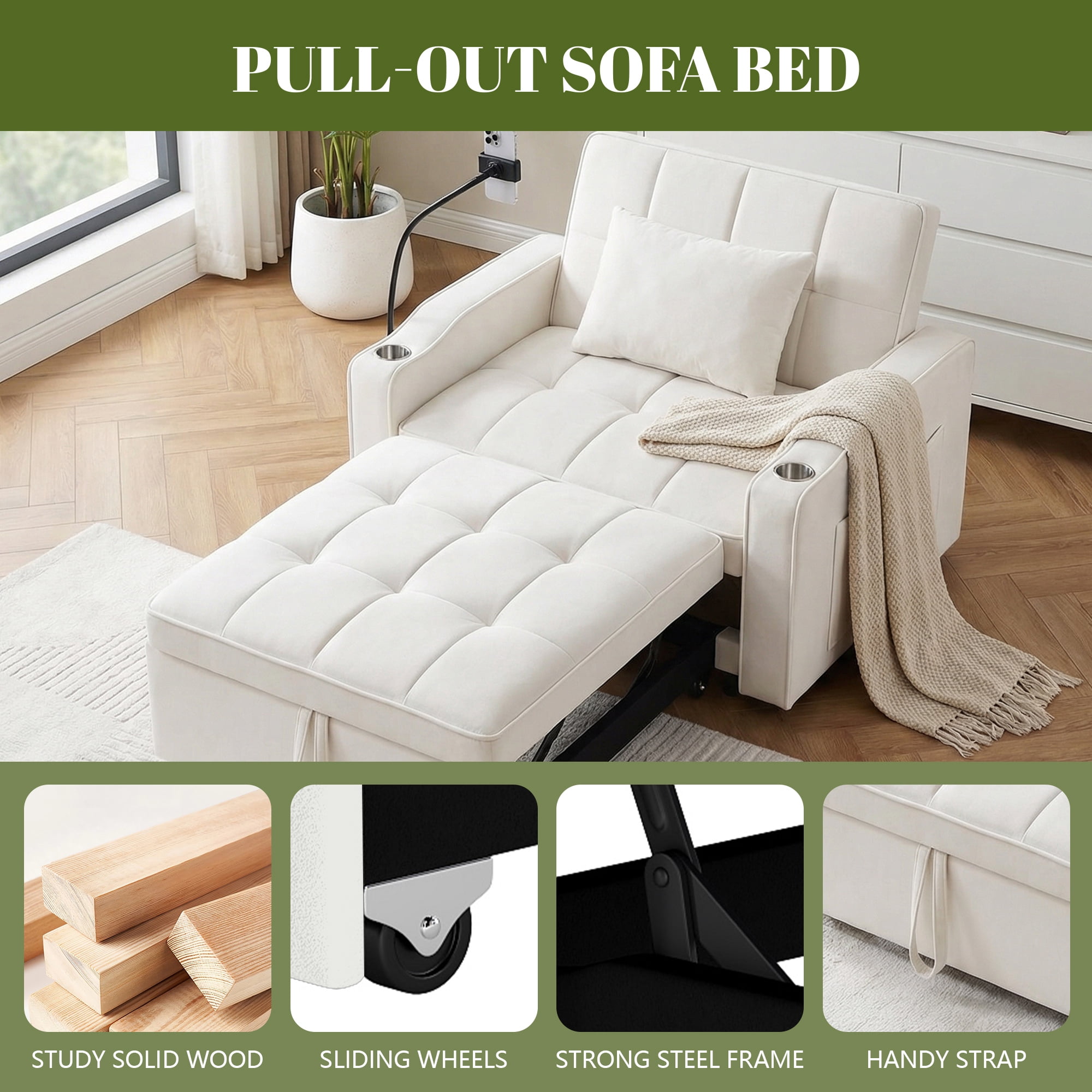 Gewnee 37.2''Convertible Sofa Bed with USB and Phone Holder,2 Cup Holders and 3 Adjustable Backrest,Suitable for Living Room,Apartment and Office.Beige