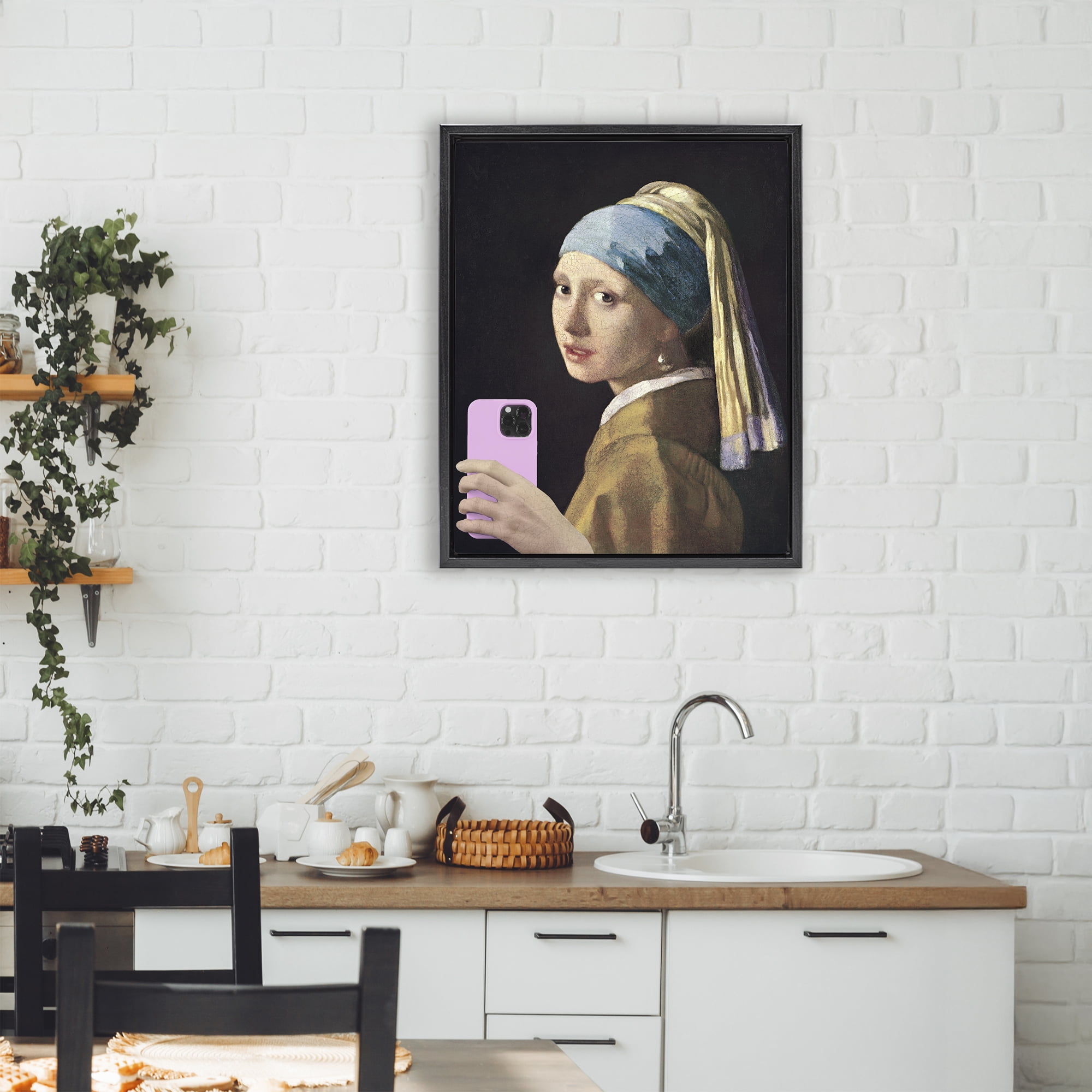 Girl With Pink Phone Funny Black Framed Floater Canvas Wall Art, design by Masters Redux