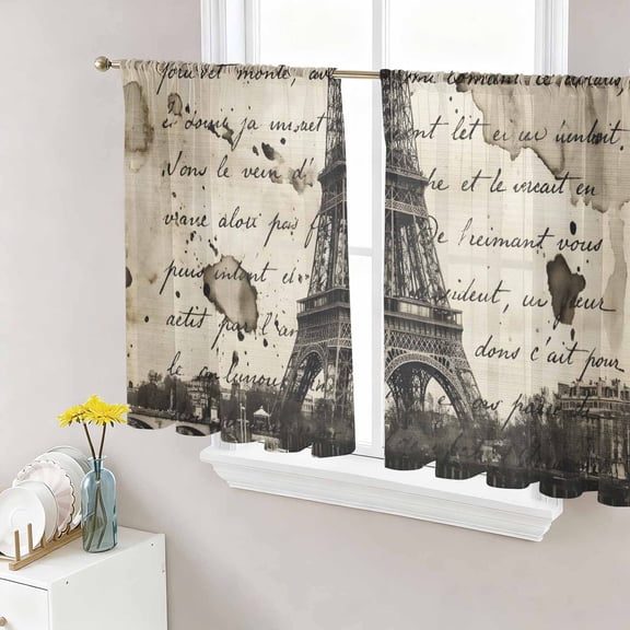 Paris Tower Sheer Curtains 45 Inch Length 2 Panels Set, Vintage Words Beige Grey Voile Window Treatment Rod Pocket Small Kitchen Curtains Drapes for Bedroom 52"x45"x2