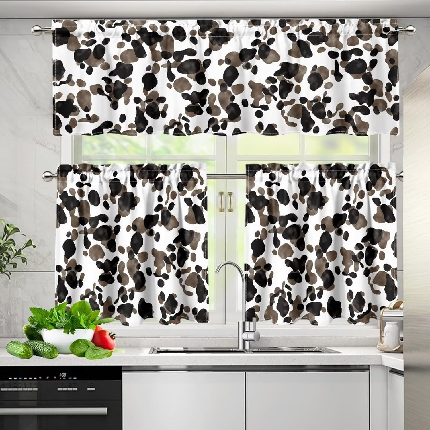 Black Cow Spot Print 3 Piece Kitchen Window Curtain Panel Tiers and Valance Set Kitchen Curtain Set Kitchen Curtain Set with Valance Home Decor 53.9x17.7 Inch+27.5x24 Inch*2