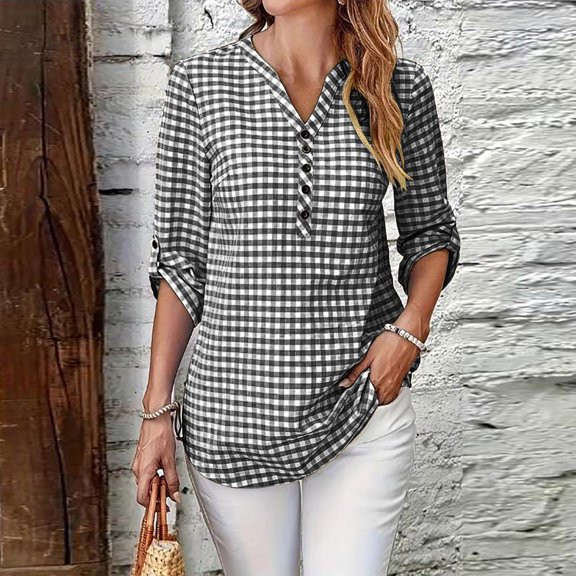 Warop Women's Plaid Elegant V Neck 3/4 Sleeve Button Down Blouse Shirt with Sleeve Tab for Office Work Daily Wear