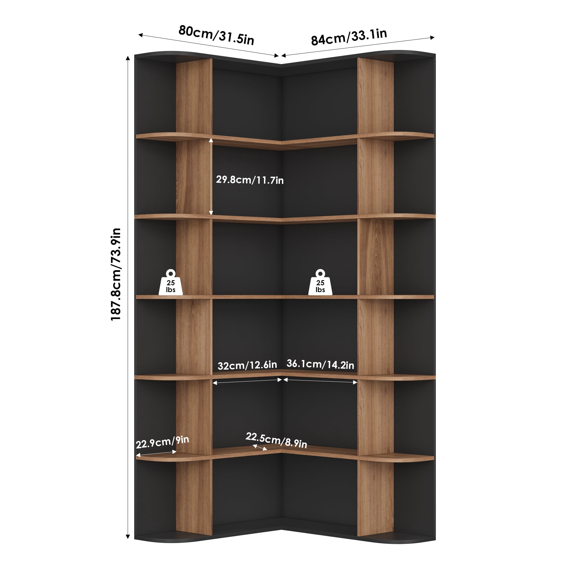Homfa 73.9” Tall Corner Bookcase, 6 Tier L-Shaped Large Display Bookshelf with Curved Edges for Living Room Home Office Study, Black & Oak